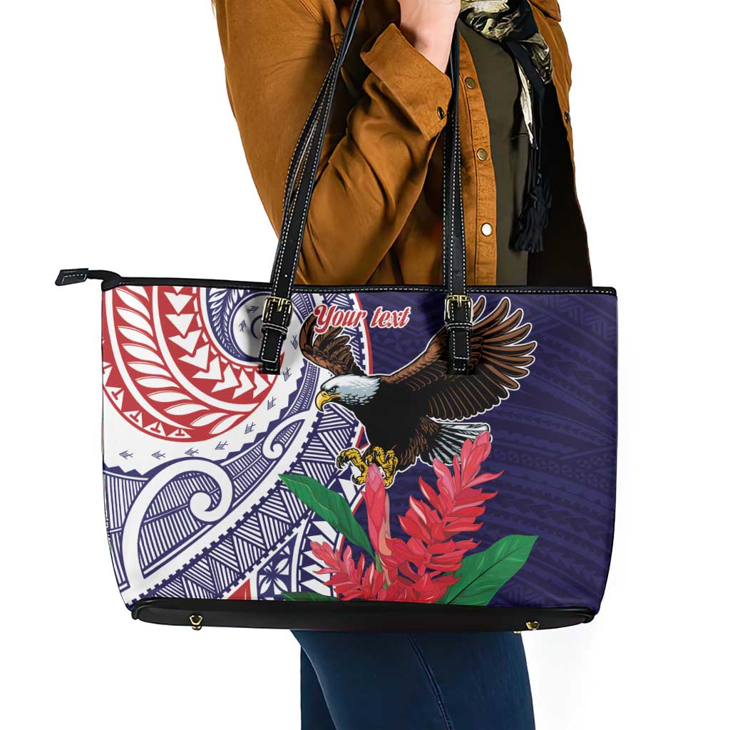 American Samoa Bald Eagle Personalized Leather Tote Bag Polynesian Teuila Flowers - Polynesian Pride