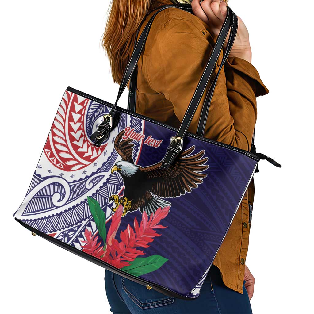 American Samoa Bald Eagle Personalized Leather Tote Bag Polynesian Teuila Flowers - Polynesian Pride