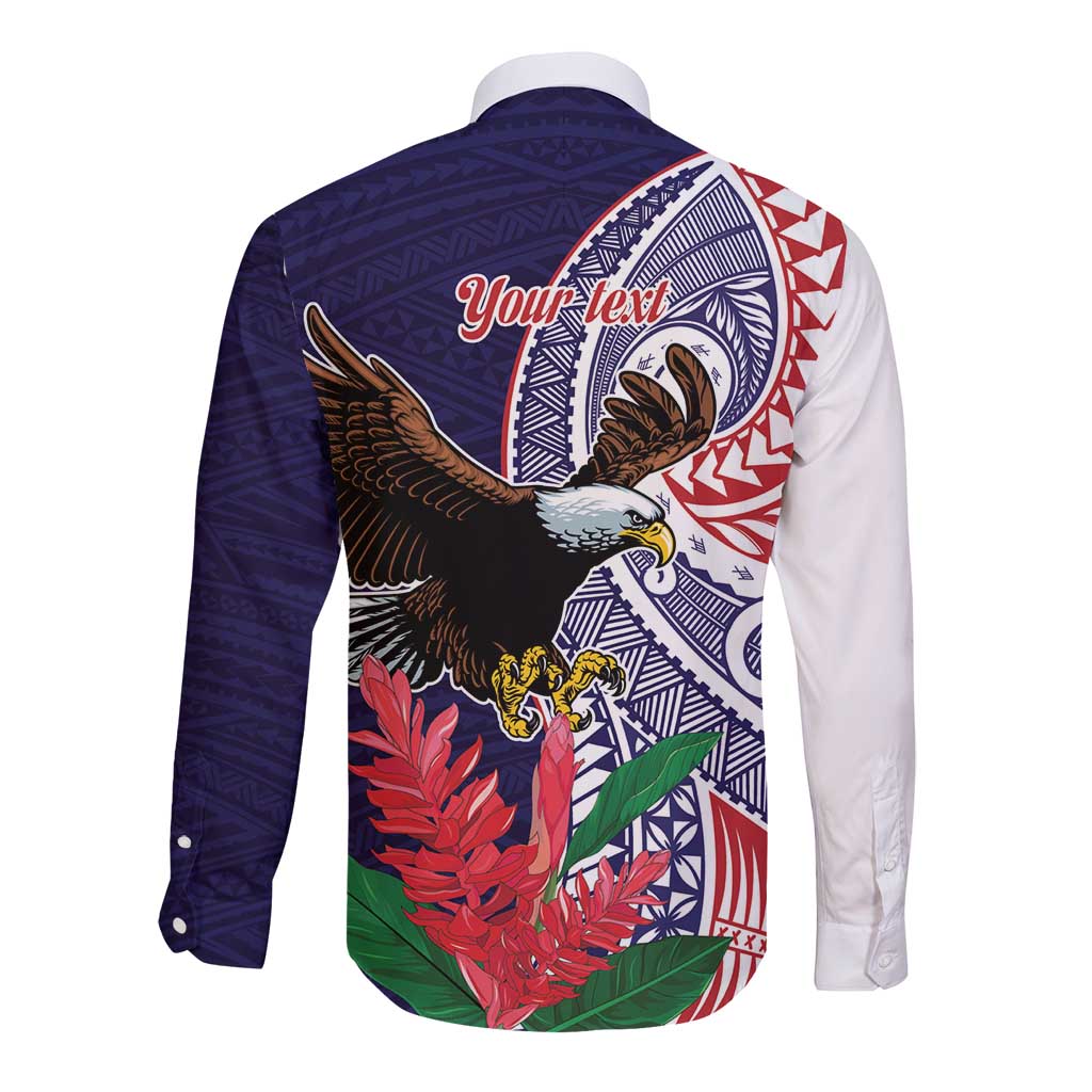 American Samoa Bald Eagle Personalized Long Sleeve Button Shirt Polynesian Teuila Flowers - Polynesian Pride
