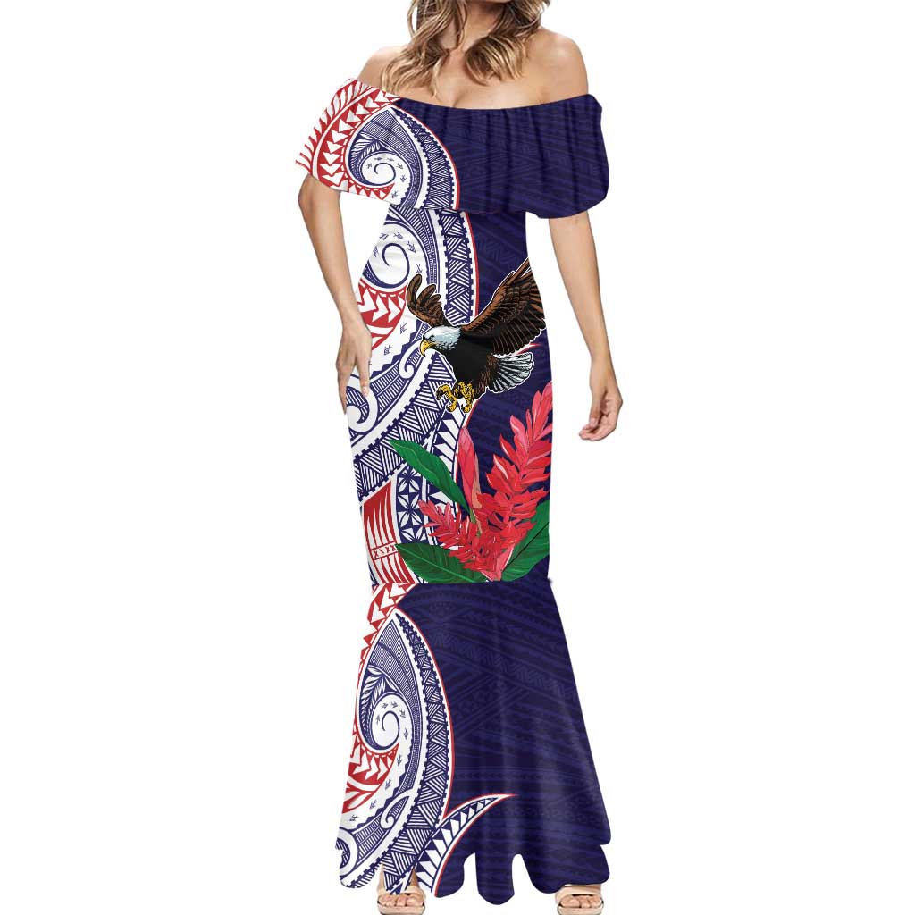 American Samoa Bald Eagle Personalized Mermaid Dress Polynesian Teuila Flowers - Polynesian Pride