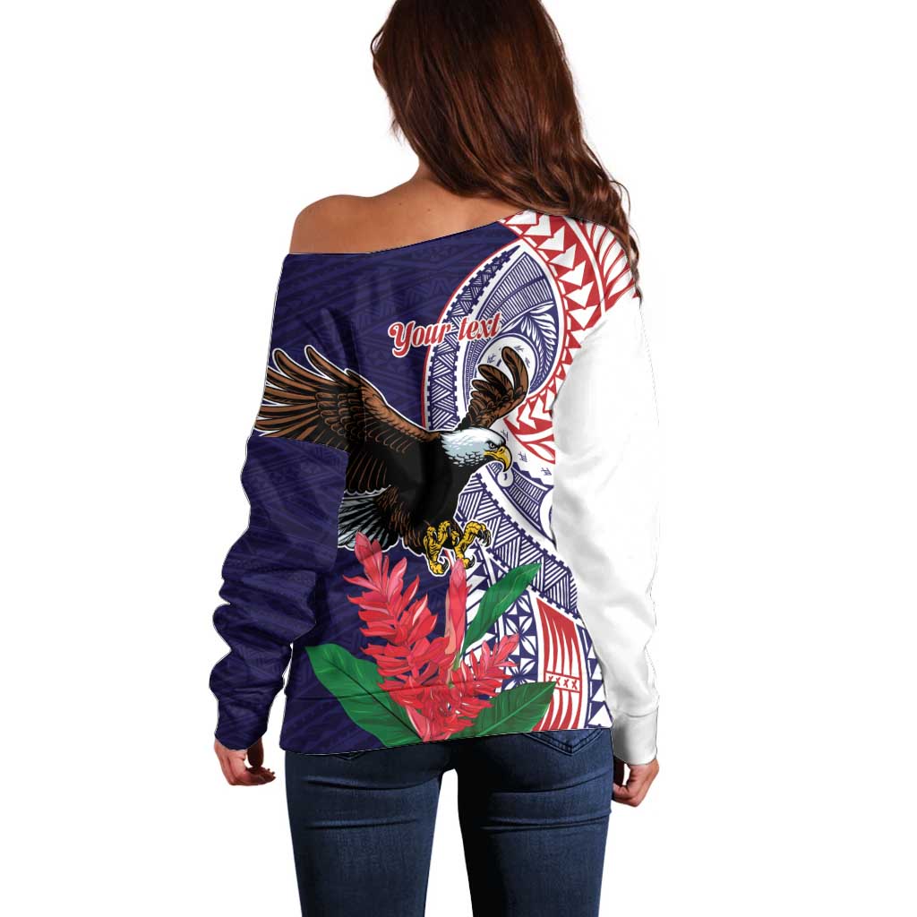 American Samoa Bald Eagle Personalized Off Shoulder Sweater Polynesian Teuila Flowers - Polynesian Pride
