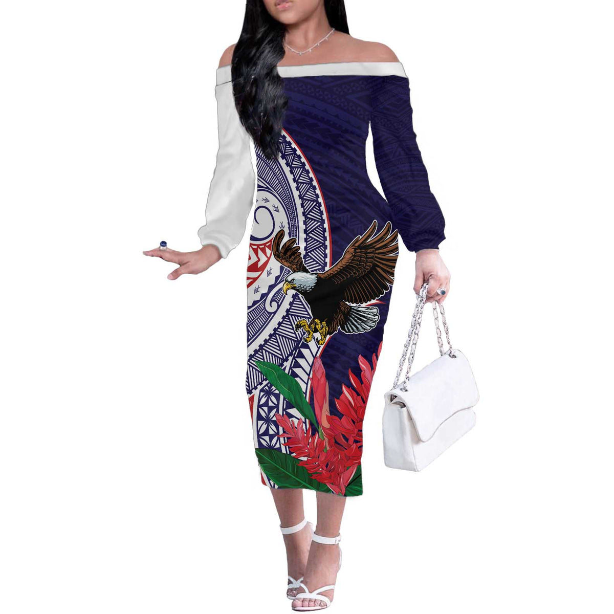 American Samoa Bald Eagle Personalized Off The Shoulder Long Sleeve Dress Polynesian Teuila Flowers - Polynesian Pride