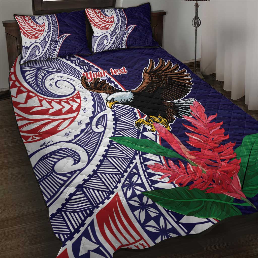 American Samoa Bald Eagle Personalized Quilt Bed Set Polynesian Teuila Flowers - Polynesian Pride