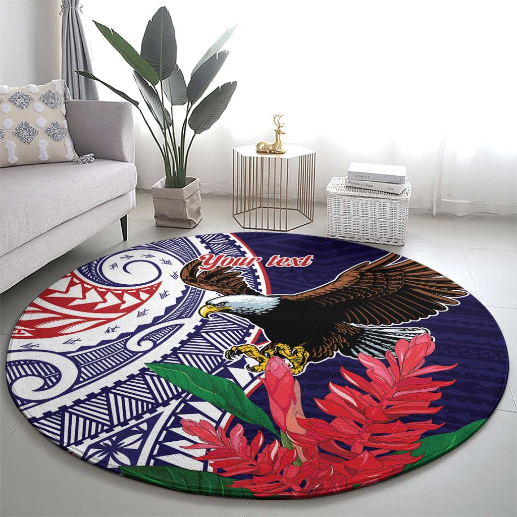 American Samoa Bald Eagle Personalized Round Carpet Polynesian Teuila Flowers - Polynesian Pride