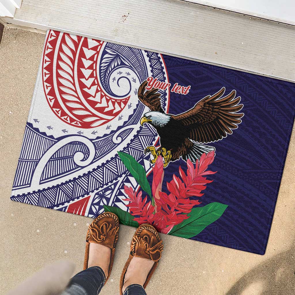 American Samoa Bald Eagle Personalized Rubber Doormat Polynesian Teuila Flowers - Polynesian Pride