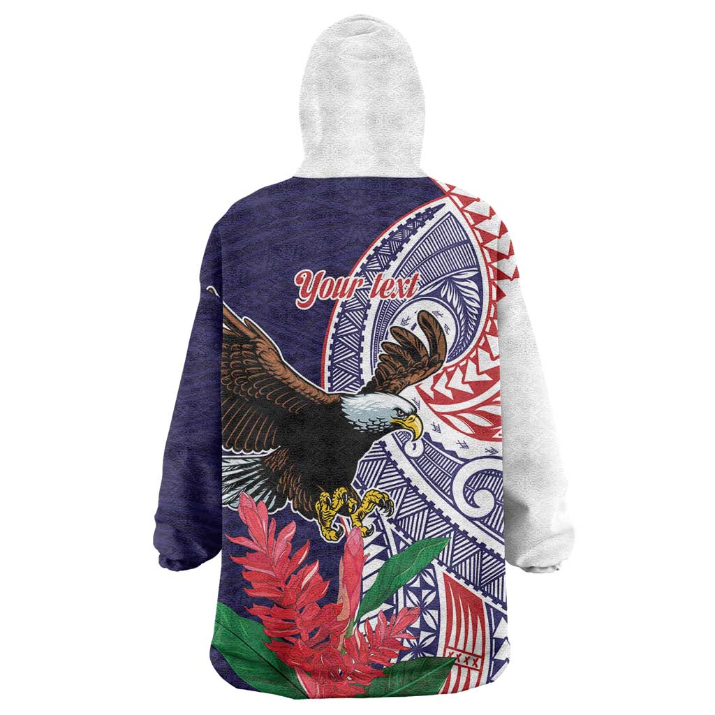 American Samoa Bald Eagle Personalized Wearable Blanket Hoodie Polynesian Teuila Flowers - Polynesian Pride