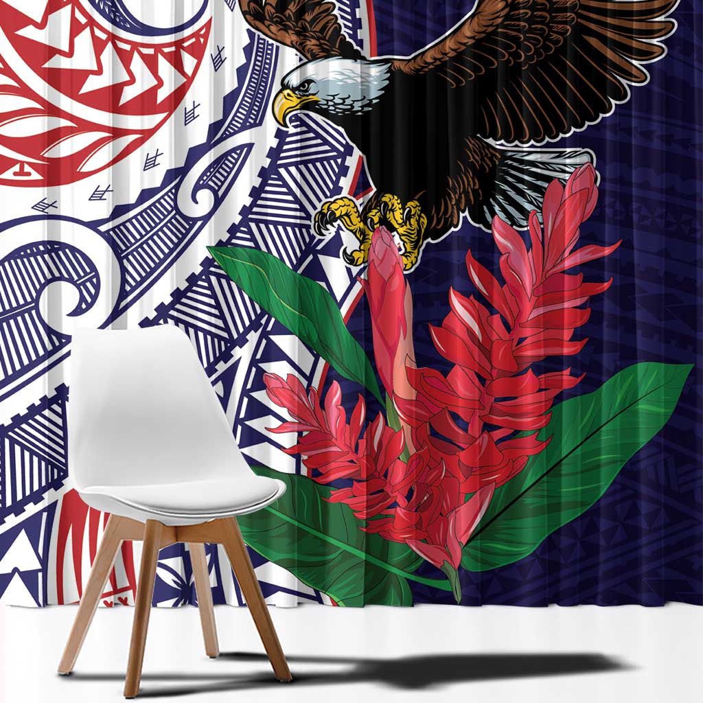 American Samoa Bald Eagle Personalized Window Curtain Polynesian Teuila Flowers - Polynesian Pride