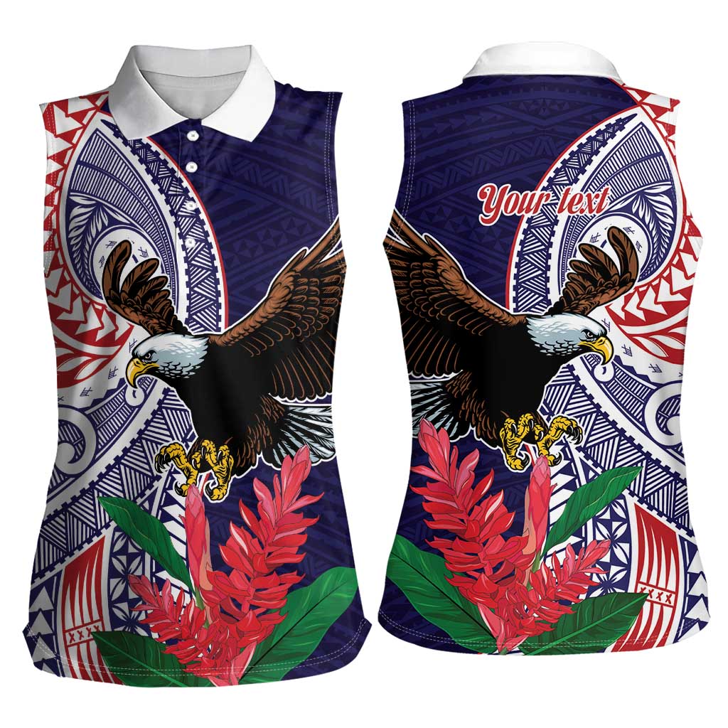 American Samoa Bald Eagle Personalized Women Sleeveless Polo Shirt Polynesian Teuila Flowers - Polynesian Pride