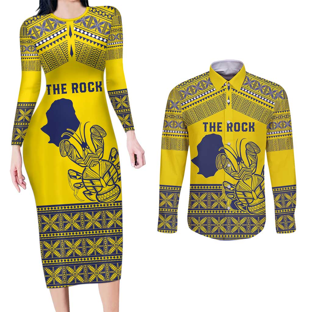 Niue Crab Personalised Couples Matching Long Sleeve Bodycon Dress and Long Sleeve Button Shirt Niuean Hiapo Pattern - Polynesian Pride