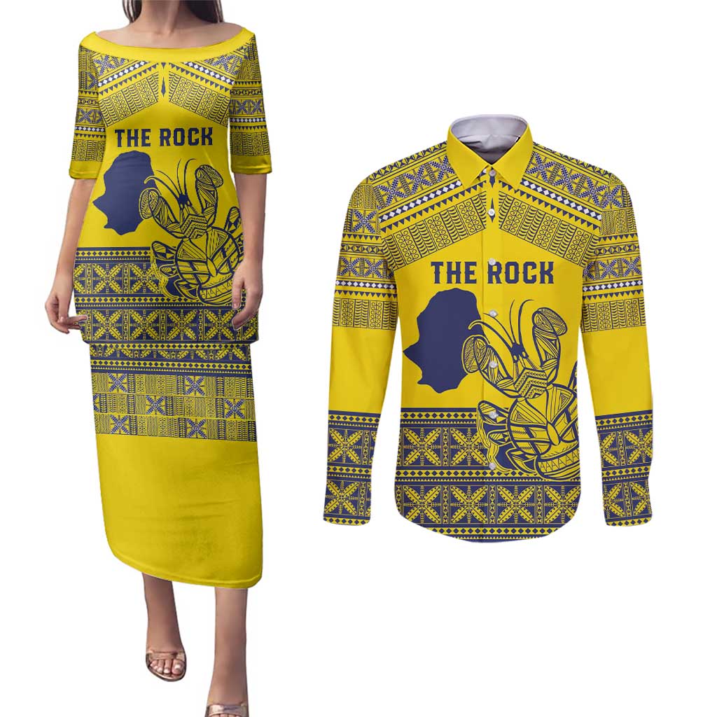 Niue Crab Personalised Couples Matching Puletasi and Long Sleeve Button Shirt Niuean Hiapo Pattern - Polynesian Pride