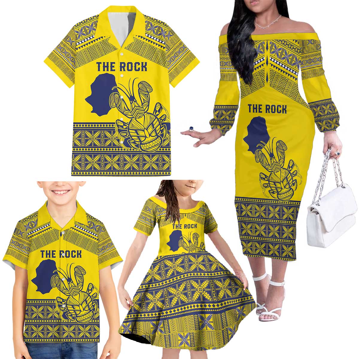 Niue Crab Personalised Family Matching Off The Shoulder Long Sleeve Dress and Hawaiian Shirt Niuean Hiapo Pattern - Polynesian Pride