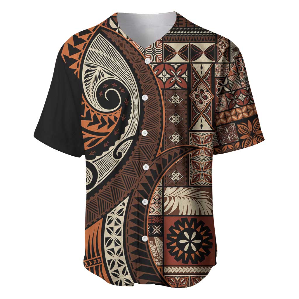 Vintage Samoa Siapo Mamanu Baseball Jersey Brown Samoan Tapa Motif - Polynesian Pride