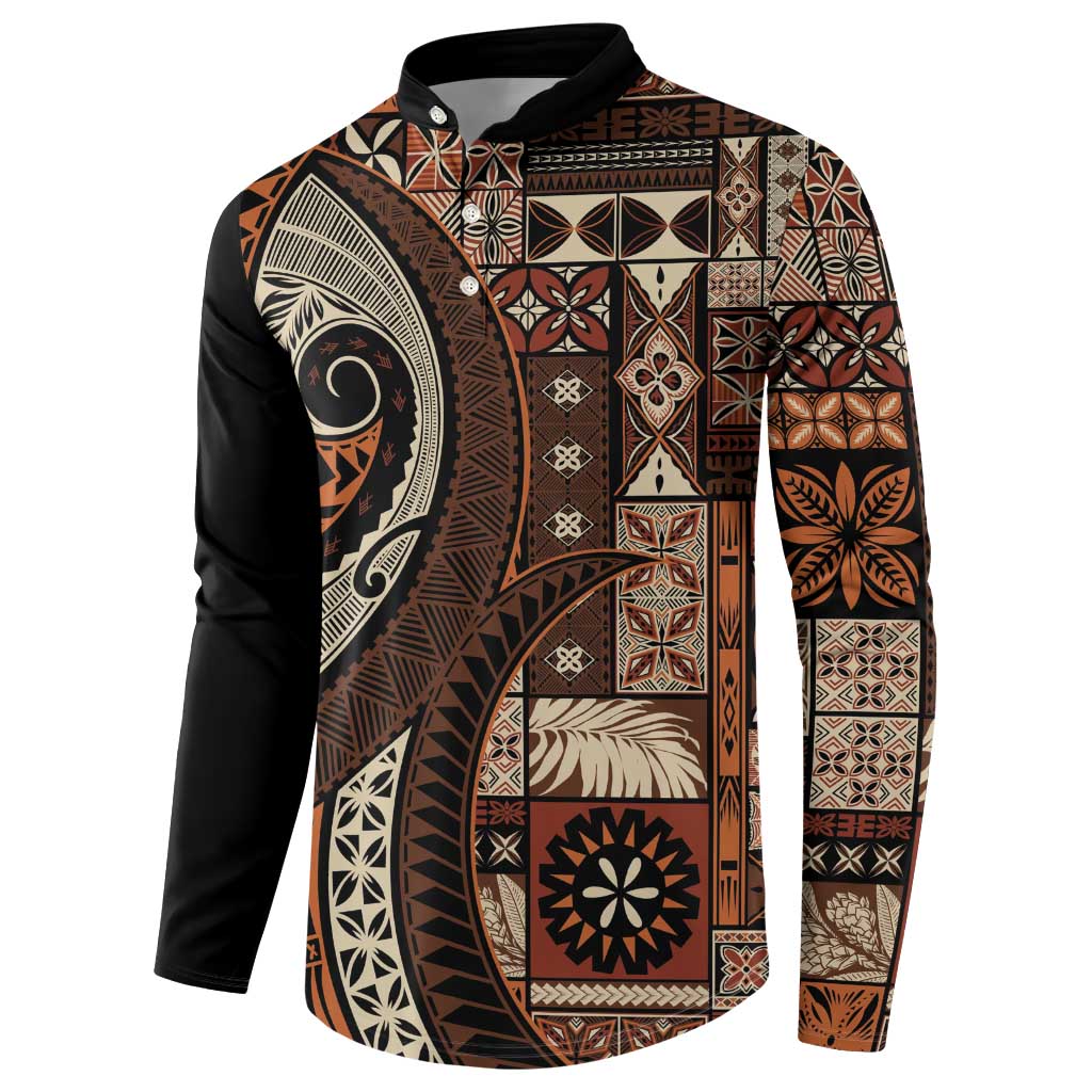 Vintage Samoa Siapo Mamanu Button Sweatshirt Brown Samoan Tapa Motif - Polynesian Pride