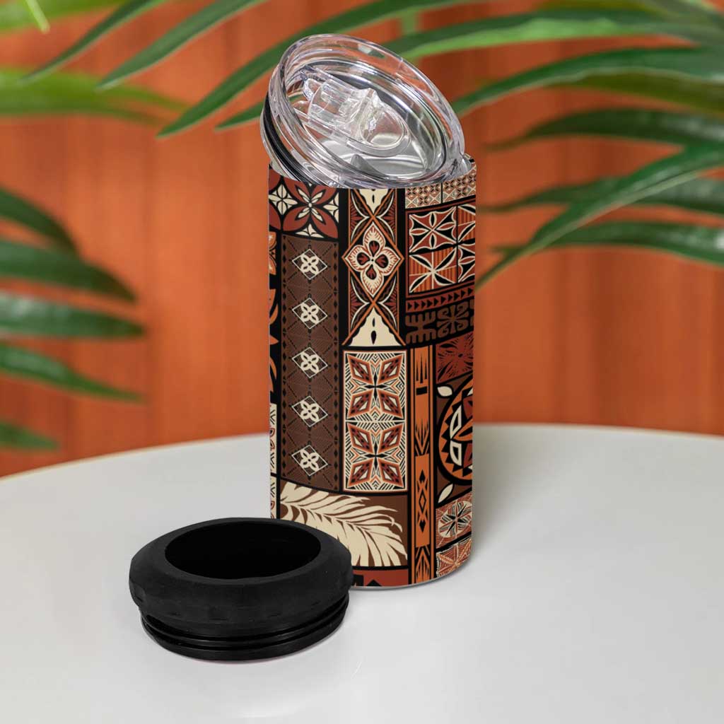 Vintage Samoa Siapo Mamanu 4 in 1 Can Cooler Tumbler Brown Samoan Tapa Motif - Polynesian Pride