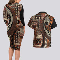 Vintage Samoa Siapo Mamanu Couples Matching Long Sleeve Bodycon Dress and Hawaiian Shirt Brown Samoan Tapa Motif - Polynesian Pride