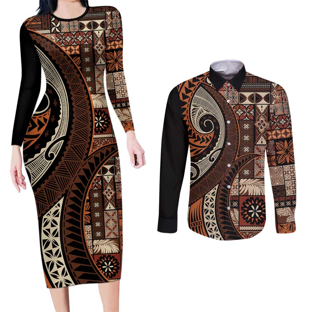Vintage Samoa Siapo Mamanu Couples Matching Long Sleeve Bodycon Dress and Long Sleeve Button Shirt Brown Samoan Tapa Motif - Polynesian Pride