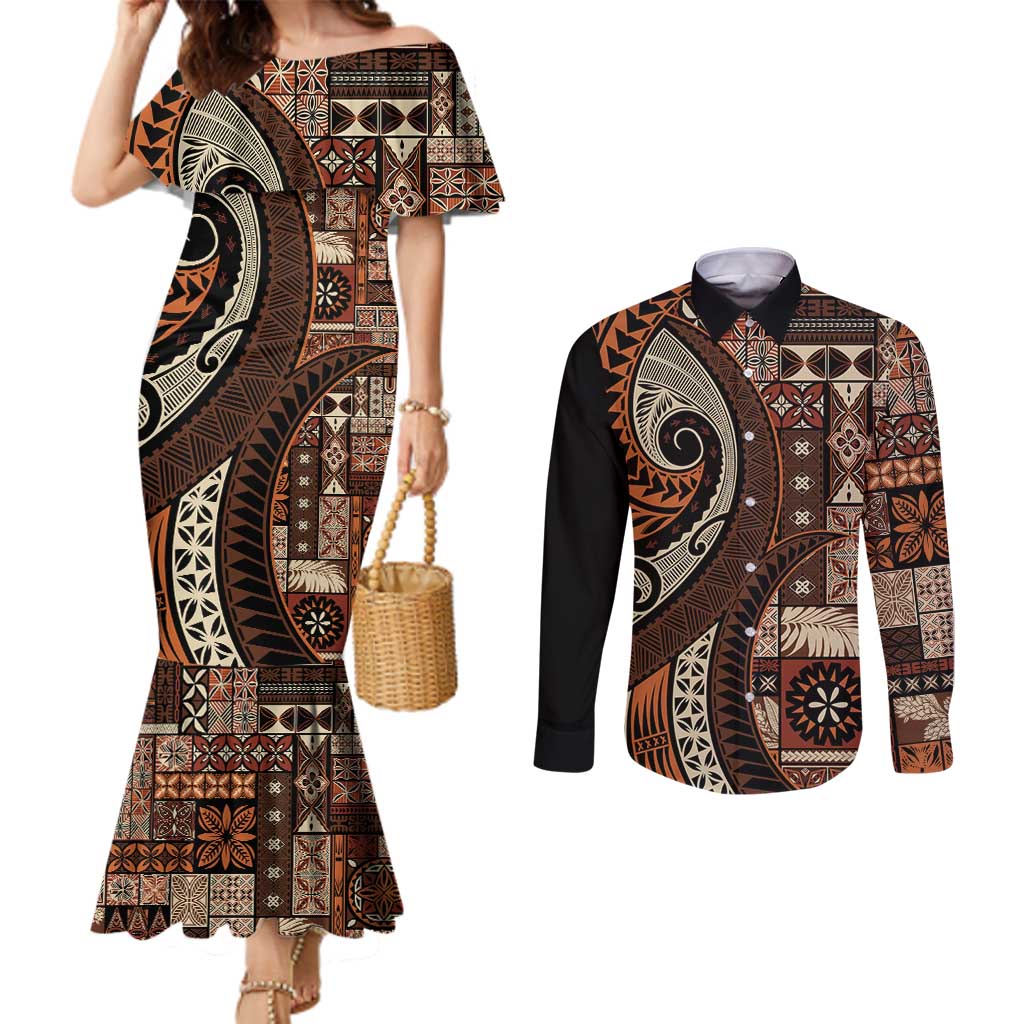 Vintage Samoa Siapo Mamanu Couples Matching Mermaid Dress and Long Sleeve Button Shirt Brown Samoan Tapa Motif - Polynesian Pride