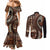 Vintage Samoa Siapo Mamanu Couples Matching Mermaid Dress and Long Sleeve Button Shirt Brown Samoan Tapa Motif - Polynesian Pride