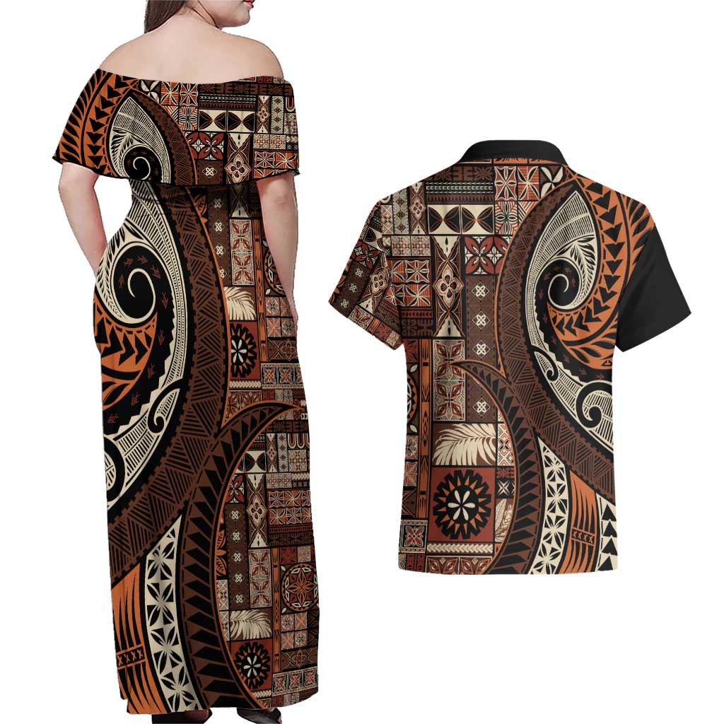 Vintage Samoa Siapo Mamanu Couples Matching Off Shoulder Maxi Dress and Hawaiian Shirt Brown Samoan Tapa Motif - Polynesian Pride
