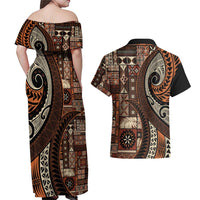 Vintage Samoa Siapo Mamanu Couples Matching Off Shoulder Maxi Dress and Hawaiian Shirt Brown Samoan Tapa Motif - Polynesian Pride