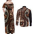 Vintage Samoa Siapo Mamanu Couples Matching Off Shoulder Maxi Dress and Long Sleeve Button Shirt Brown Samoan Tapa Motif - Polynesian Pride