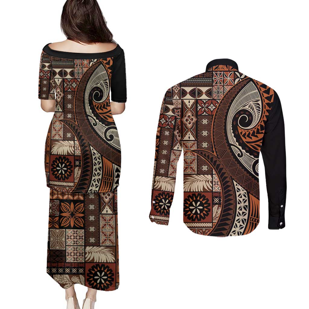 Vintage Samoa Siapo Mamanu Couples Matching Puletasi and Long Sleeve Button Shirt Brown Samoan Tapa Motif - Polynesian Pride