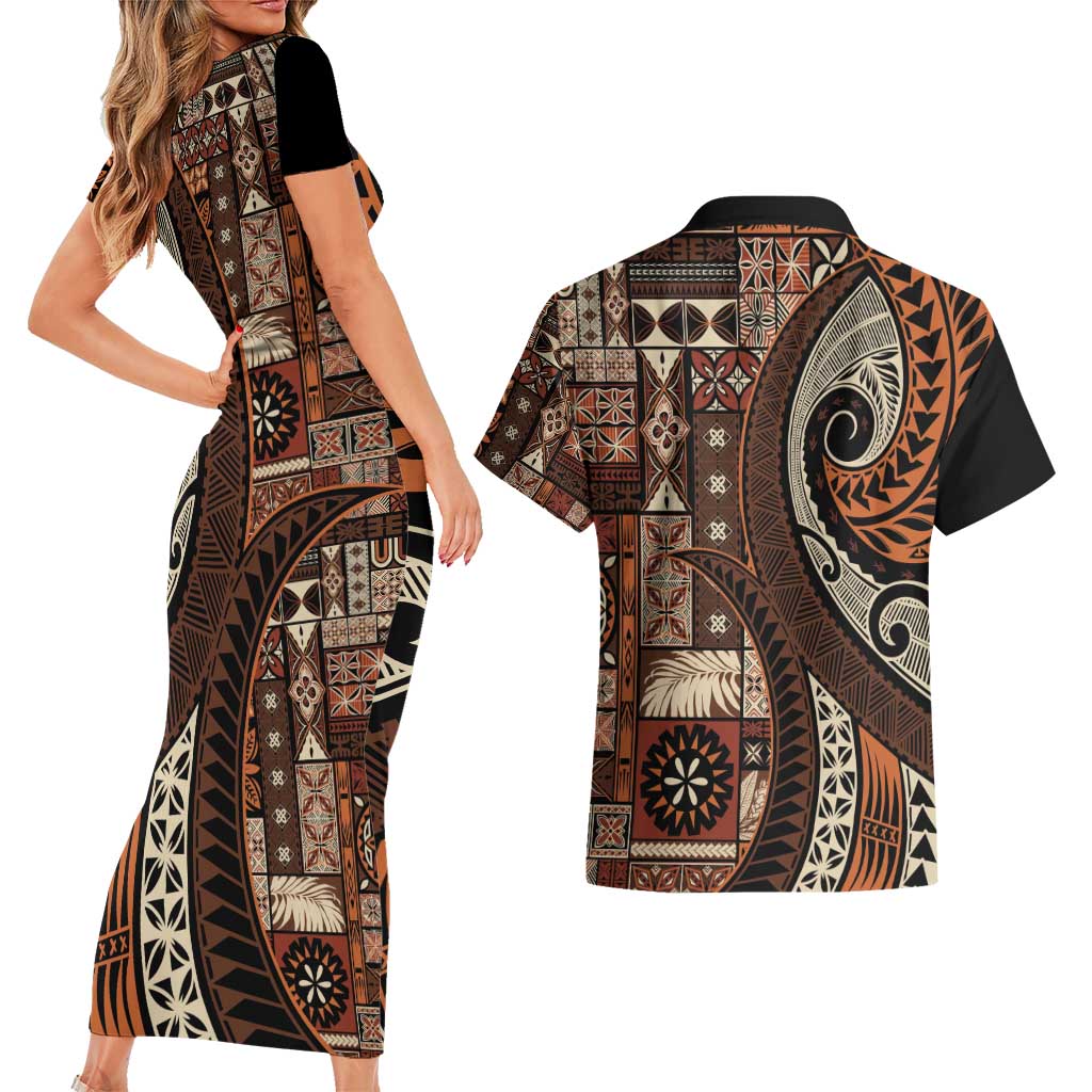 Vintage Samoa Siapo Mamanu Couples Matching Short Sleeve Bodycon Dress and Hawaiian Shirt Brown Samoan Tapa Motif - Polynesian Pride