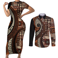 Vintage Samoa Siapo Mamanu Couples Matching Short Sleeve Bodycon Dress and Long Sleeve Button Shirt Brown Samoan Tapa Motif - Polynesian Pride