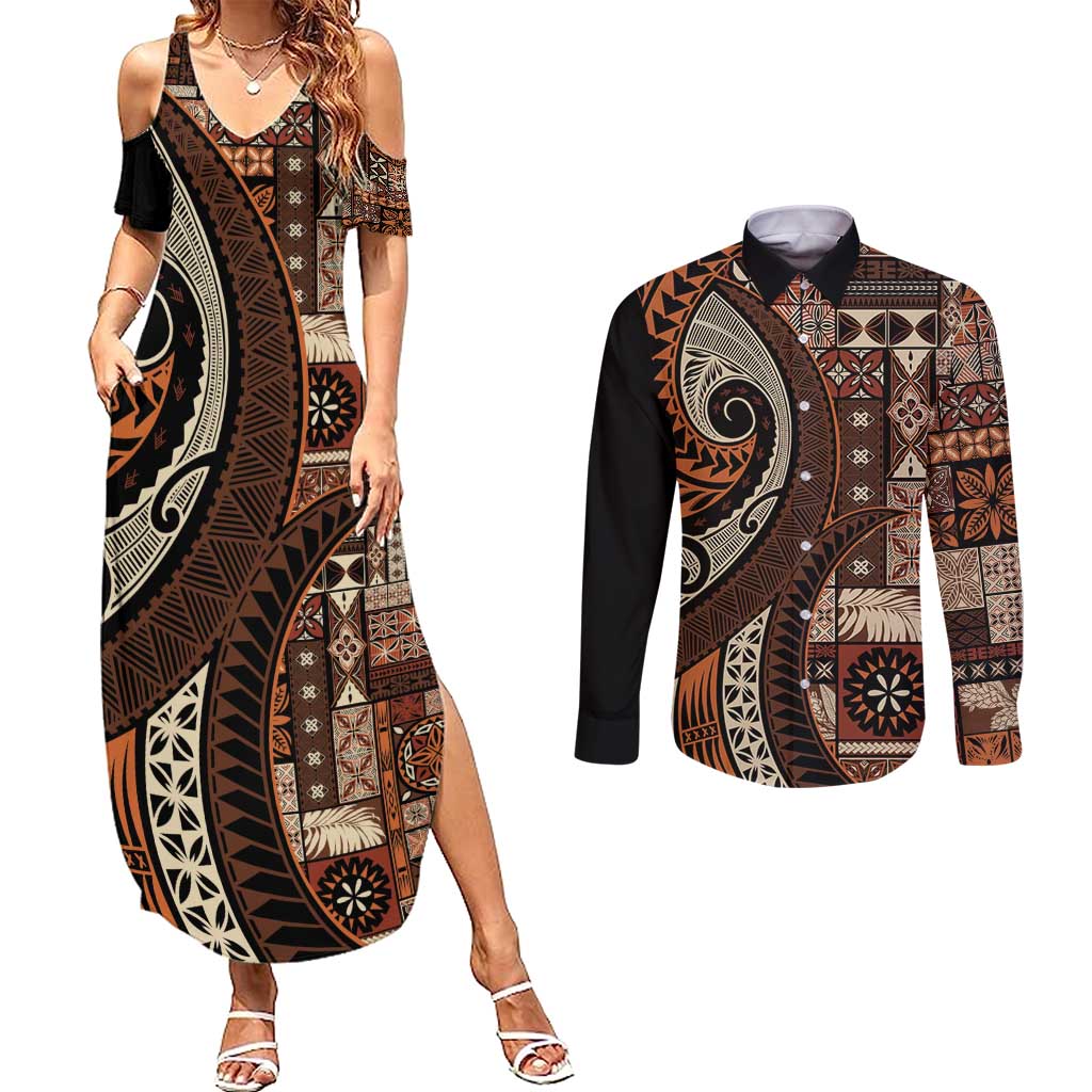 Vintage Samoa Siapo Mamanu Couples Matching Summer Maxi Dress and Long Sleeve Button Shirt Brown Samoan Tapa Motif - Polynesian Pride