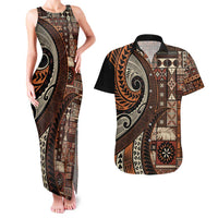 Vintage Samoa Siapo Mamanu Couples Matching Tank Maxi Dress and Hawaiian Shirt Brown Samoan Tapa Motif - Polynesian Pride