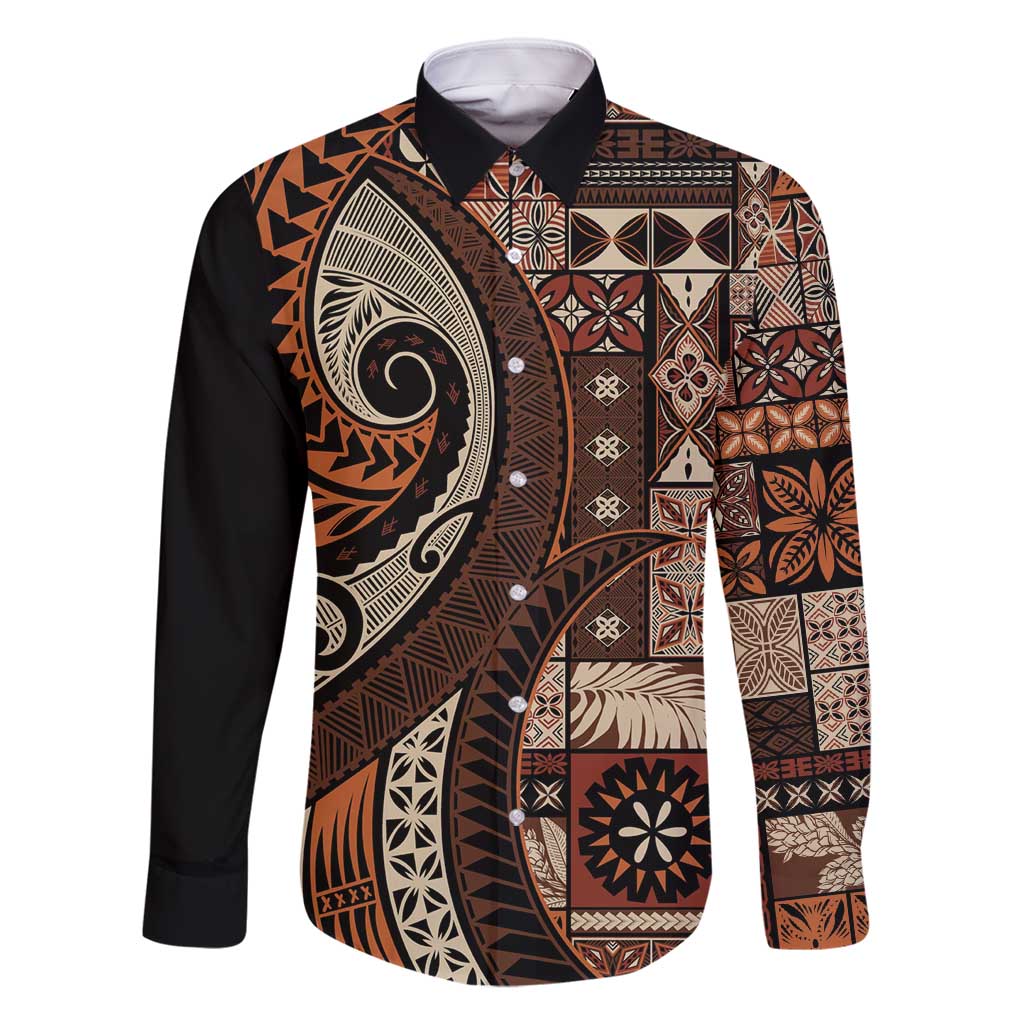 Vintage Samoa Siapo Mamanu Family Matching Long Sleeve Bodycon Dress and Hawaiian Shirt Brown Samoan Tapa Motif - Polynesian Pride