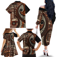 Vintage Samoa Siapo Mamanu Family Matching Off The Shoulder Long Sleeve Dress and Hawaiian Shirt Brown Samoan Tapa Motif - Polynesian Pride