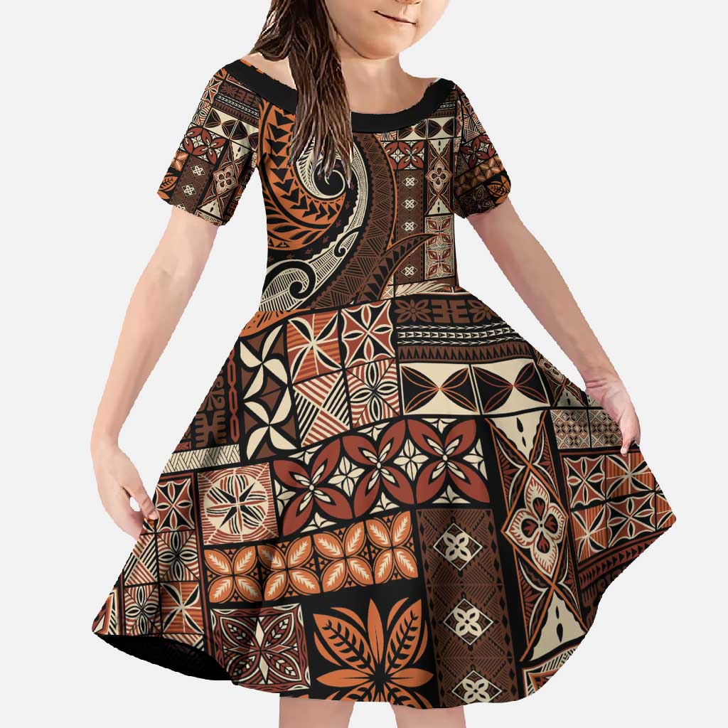 Vintage Samoa Siapo Mamanu Family Matching Off Shoulder Maxi Dress and Hawaiian Shirt Brown Samoan Tapa Motif - Polynesian Pride