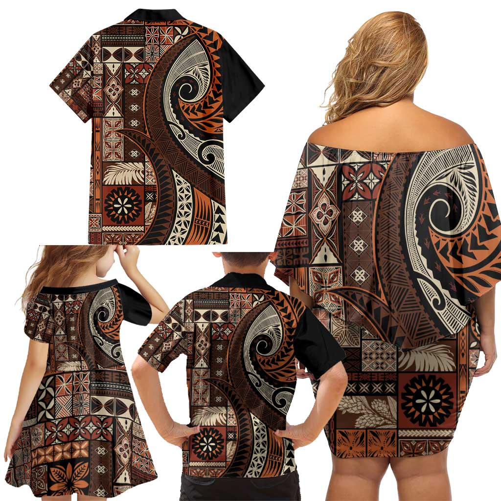 Vintage Samoa Siapo Mamanu Family Matching Off Shoulder Short Dress and Hawaiian Shirt Brown Samoan Tapa Motif - Polynesian Pride