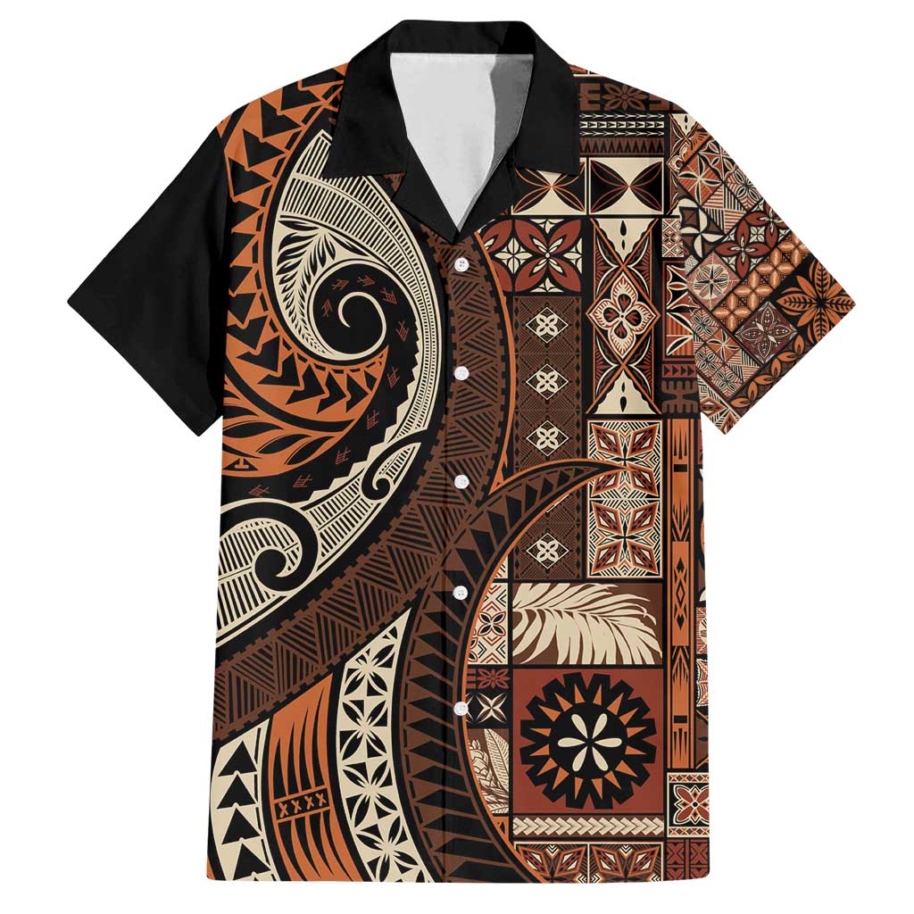 Vintage Samoa Siapo Mamanu Family Matching Puletasi and Hawaiian Shirt Brown Samoan Tapa Motif - Polynesian Pride