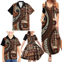 Vintage Samoa Siapo Mamanu Family Matching Summer Maxi Dress and Hawaiian Shirt Brown Samoan Tapa Motif - Polynesian Pride