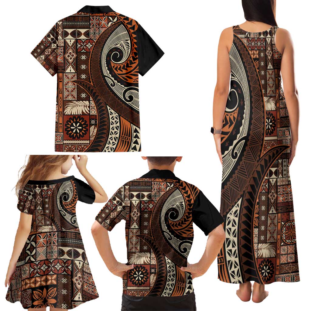 Vintage Samoa Siapo Mamanu Family Matching Tank Maxi Dress and Hawaiian Shirt Brown Samoan Tapa Motif - Polynesian Pride