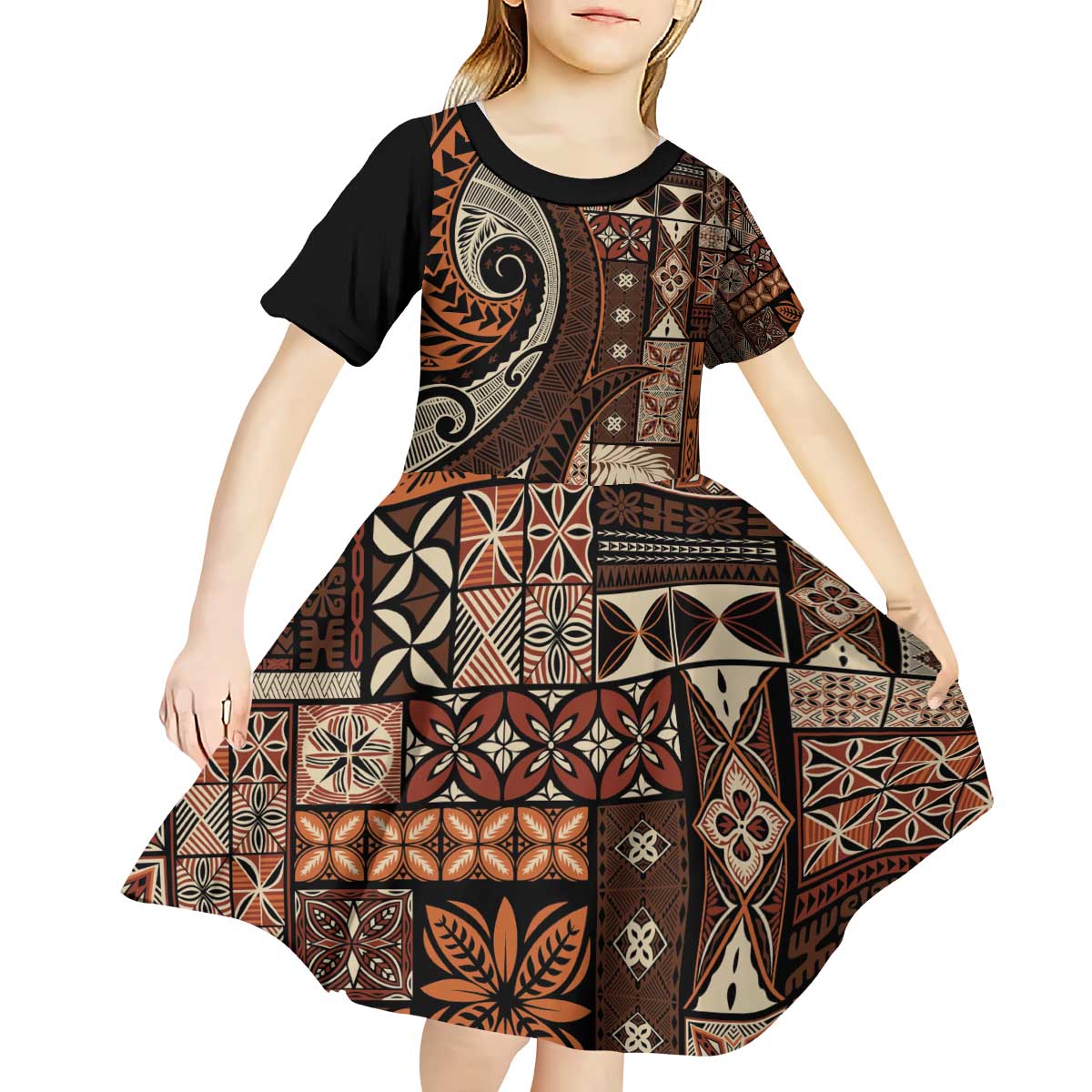 Vintage Samoa Siapo Mamanu Kid Short Sleeve Dress Brown Samoan Tapa Motif - Polynesian Pride
