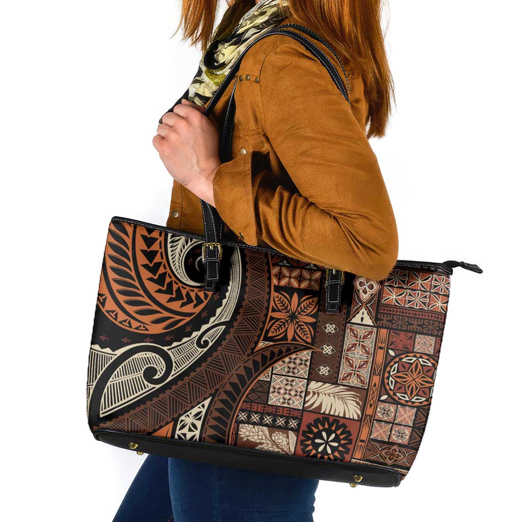 Vintage Samoa Siapo Mamanu Leather Tote Bag Brown Samoan Tapa Motif - Polynesian Pride