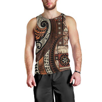 Vintage Samoa Siapo Mamanu Men Tank Top Brown Samoan Tapa Motif - Polynesian Pride