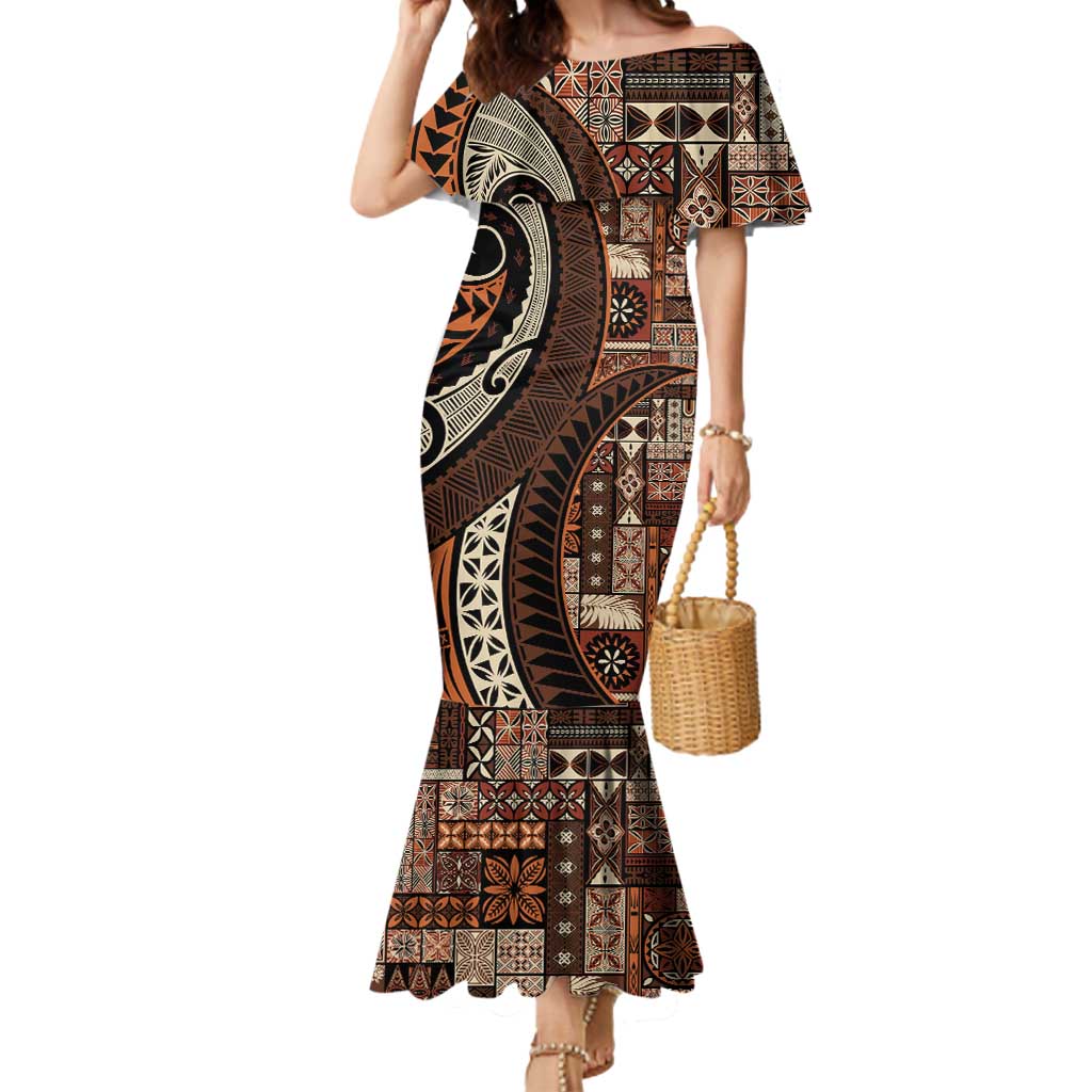 Vintage Samoa Siapo Mamanu Mermaid Dress Brown Samoan Tapa Motif - Polynesian Pride