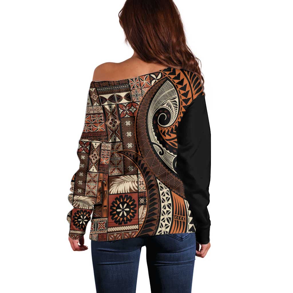 Vintage Samoa Siapo Mamanu Off Shoulder Sweater Brown Samoan Tapa Motif - Polynesian Pride