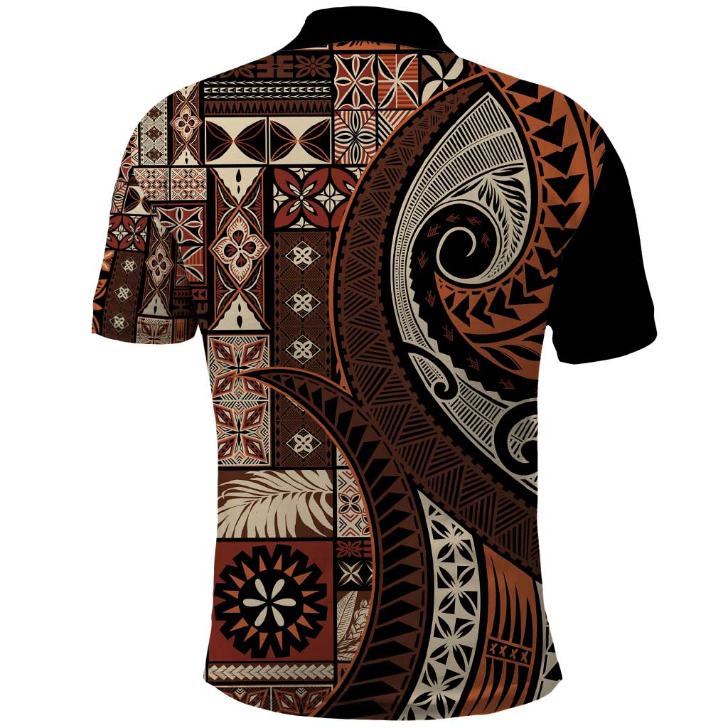 Vintage Samoa Siapo Mamanu Polo Shirt Brown Samoan Tapa Motif - Polynesian Pride