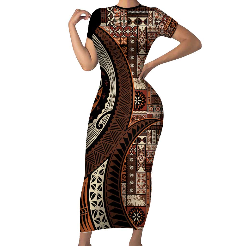 Vintage Samoa Siapo Mamanu Short Sleeve Bodycon Dress Brown Samoan Tapa Motif - Polynesian Pride