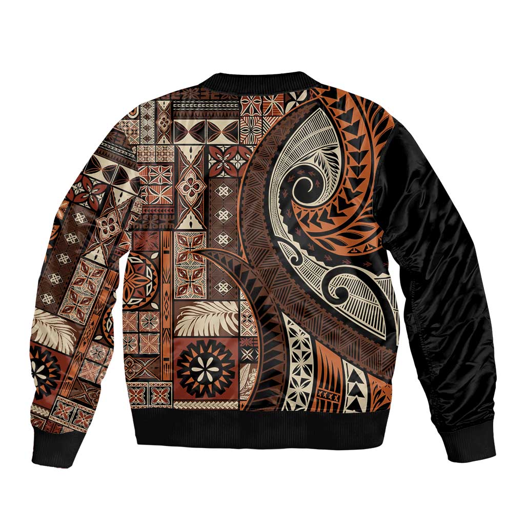 Vintage Samoa Siapo Mamanu Sleeve Zip Bomber Jacket Brown Samoan Tapa Motif - Polynesian Pride