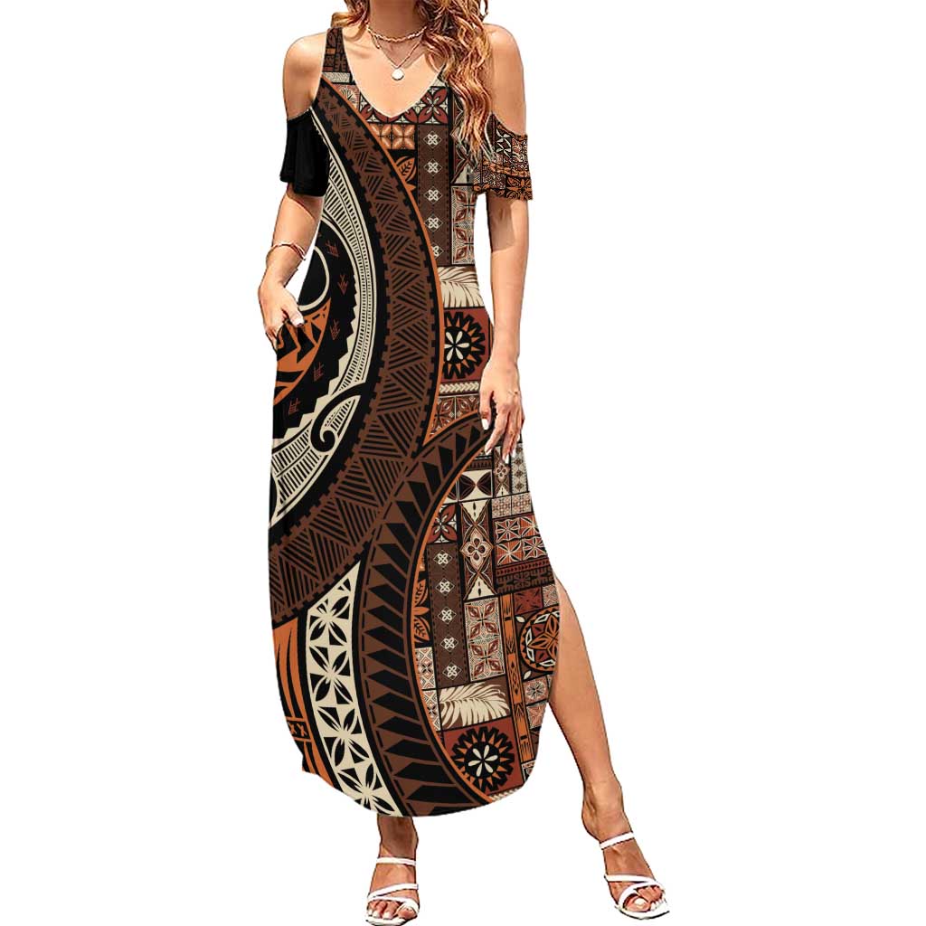 Vintage Samoa Siapo Mamanu Summer Maxi Dress Brown Samoan Tapa Motif - Polynesian Pride