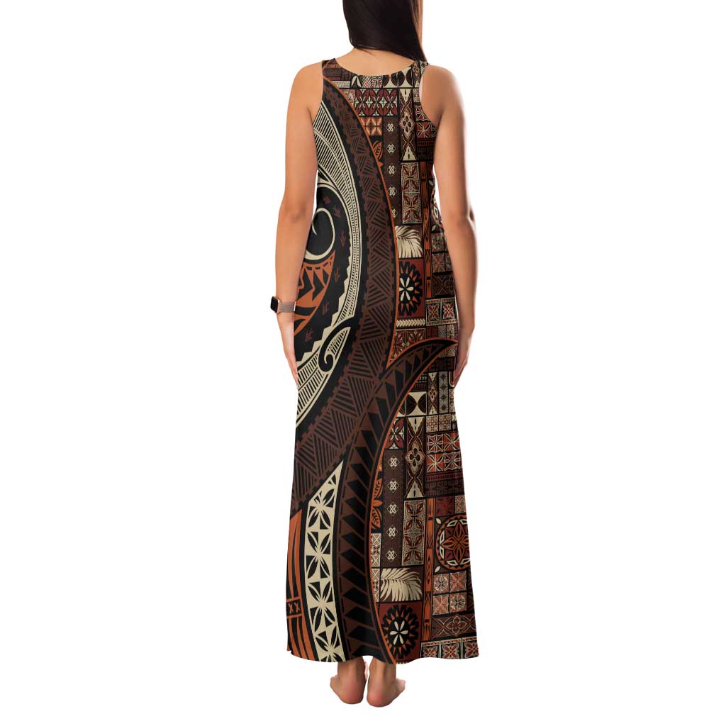 Vintage Samoa Siapo Mamanu Tank Maxi Dress Brown Samoan Tapa Motif - Polynesian Pride