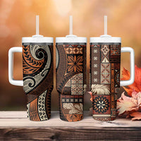 Vintage Samoa Siapo Mamanu Tumbler With Handle Brown Samoan Tapa Motif - Polynesian Pride