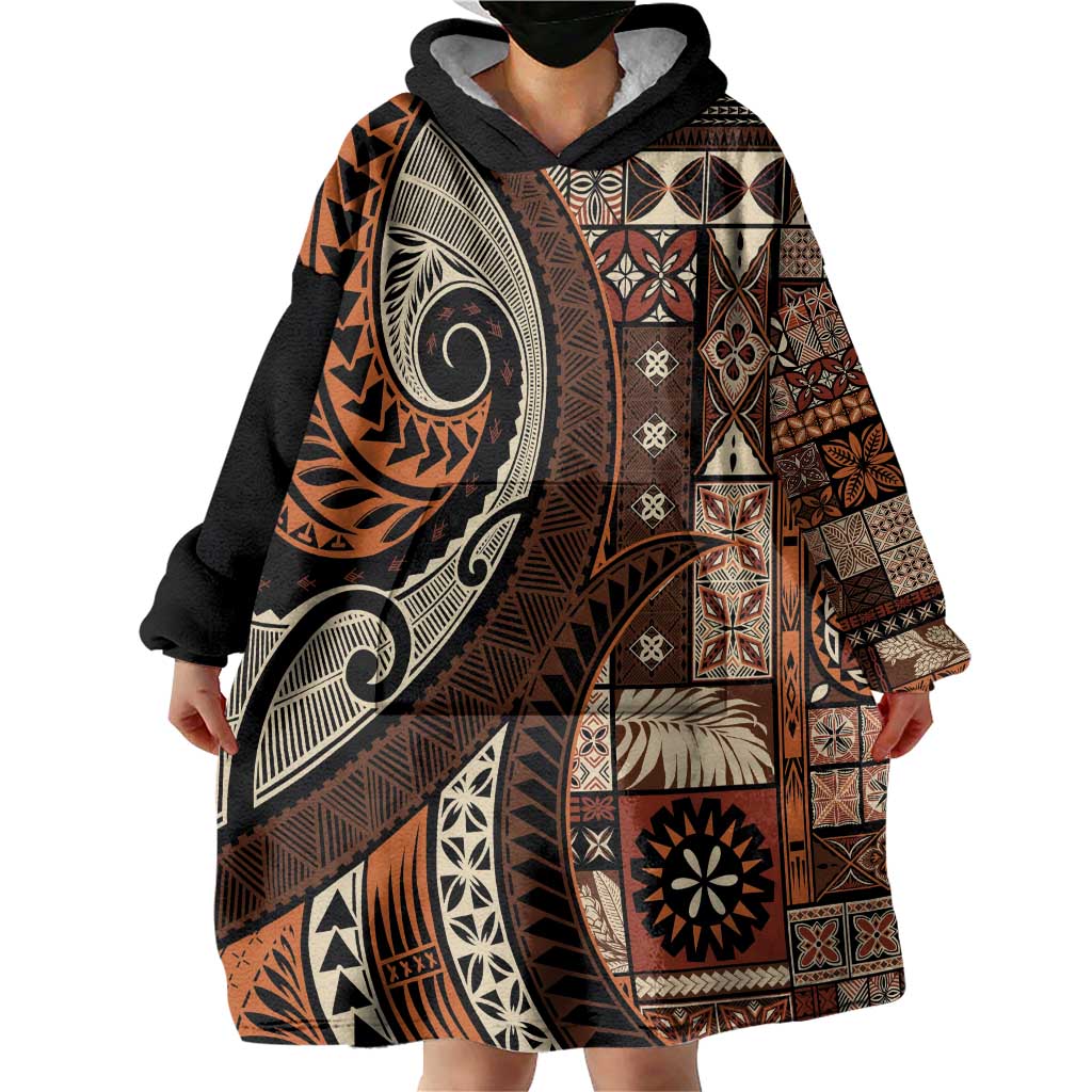 Vintage Samoa Siapo Mamanu Wearable Blanket Hoodie Brown Samoan Tapa Motif - Polynesian Pride