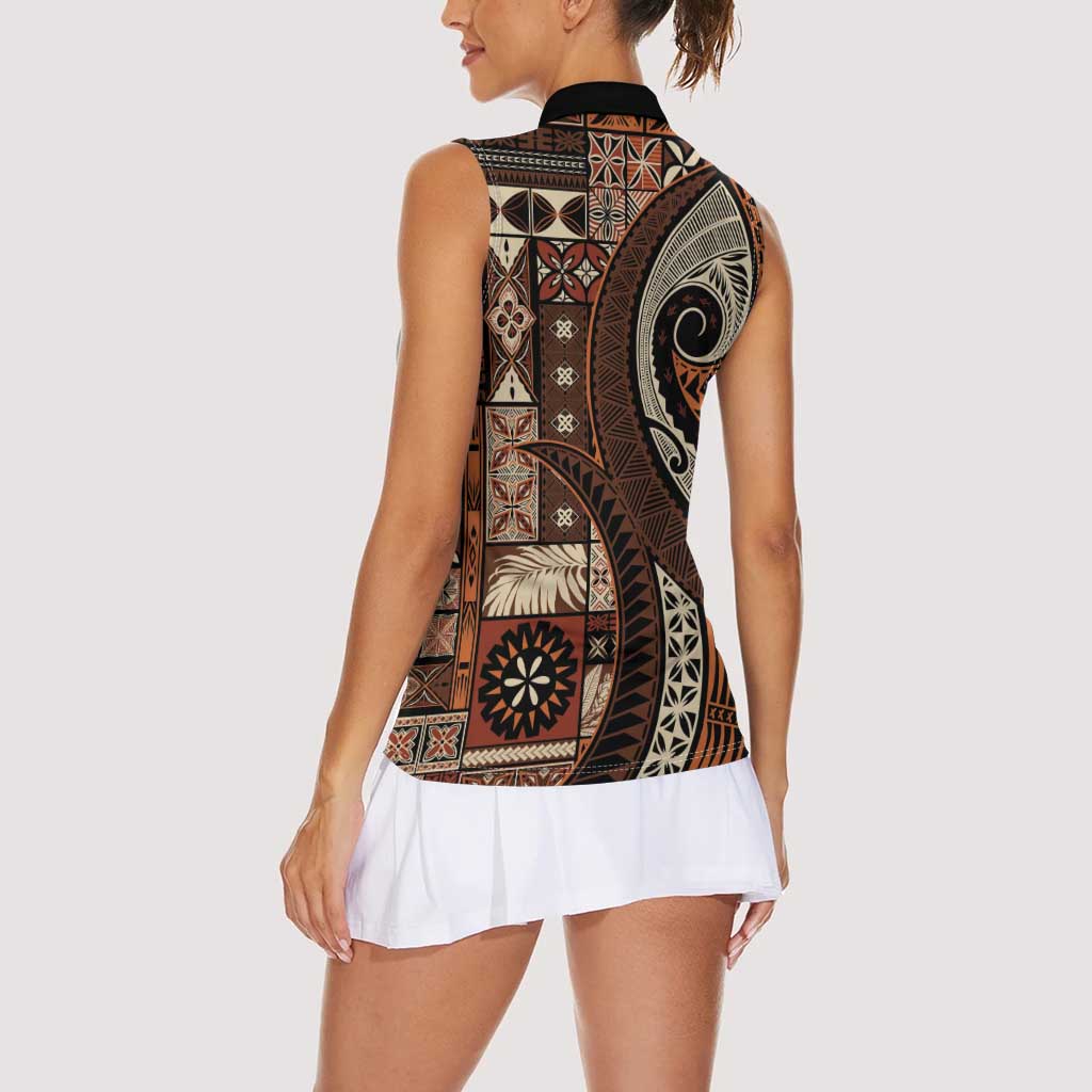 Vintage Samoa Siapo Mamanu Women Sleeveless Polo Shirt Brown Samoan Tapa Motif - Polynesian Pride